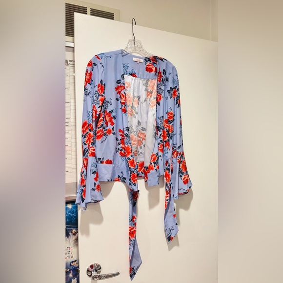 Parker Tops - PARKER Blue Floral Blouse with Red Accents